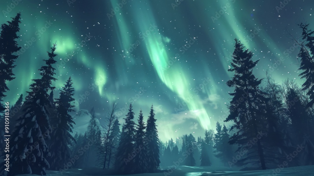 A beautiful night sky with aurora lights and trees A beautiful night sky with aurora lights and trees