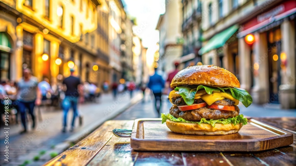Fototapeta premium Hamburguesa de res con queso, lechuga y tomate sobre una tabla de madera en una bulliciosa calle peatonal.