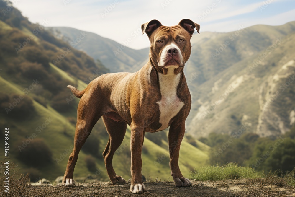 A pitbull stands majestically against a backdrop of green hills. A pitbull stands majestically against a backdrop of green hills.