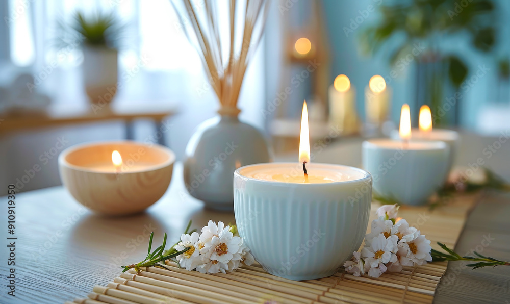 Serene Spa Setting with Burning Candles and Aromatic Reed Freshener on Table, Relaxation and Well-being Concept, Daytime Ambiance Serene Spa Setting with Burning Candles and Aromatic Reed Freshener on Table, Relaxation and Well-being Concept, Daytime Ambiance