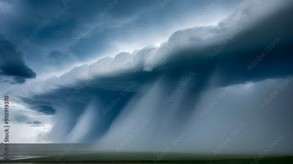 Storm clouds, featuring a mesmerizing shelf cloud stretching across the sky with intense rain.