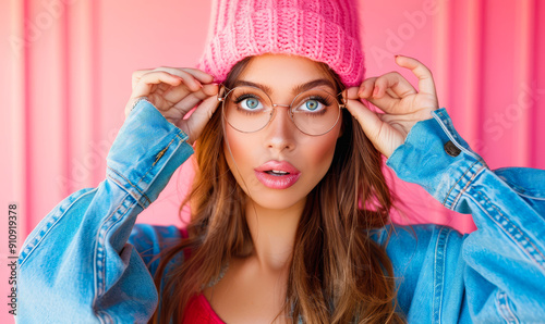 Playful Young Woman Celebrating April Fool's Day with Fun Expression Wearing Pink Hat and Denim Jacket on Bright Background photo