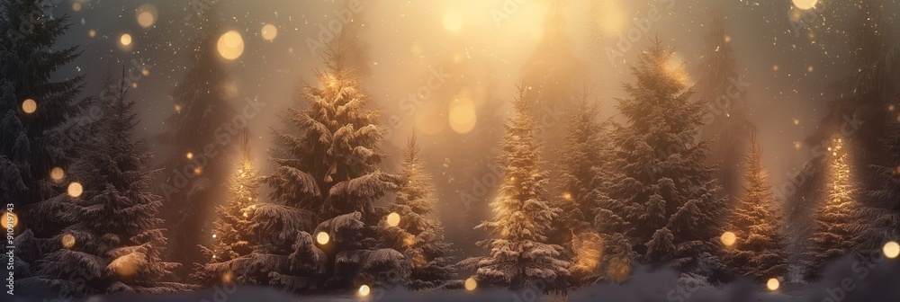 Snow-laden evergreen trees basking in the warm morning glow, creating a serene and peaceful winter landscape filled with sparkles.