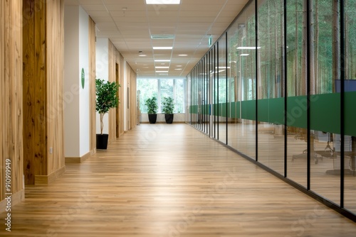 Modern office corridor featuring natural wood accents and large glass windows, creating a bright and inviting workspace.