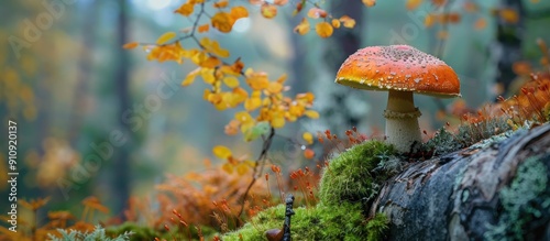 Gorgeous orange birch bolete mushroom in autumn forest setting beside a moss covered reindeer lichen Cladonia rangiferina creating an enchanting copy space image