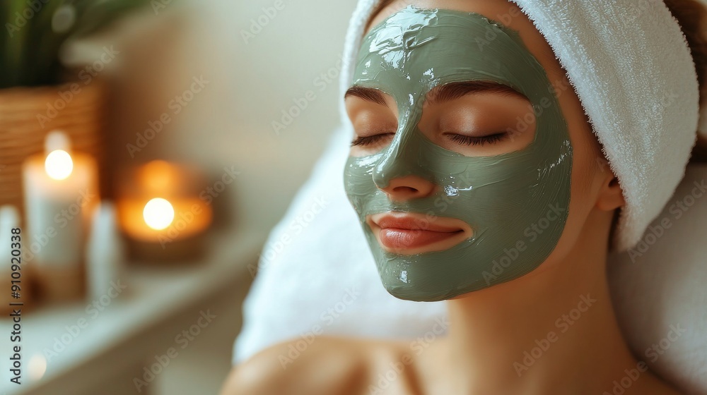 Relaxing Spa Facial: A serene woman with closed eyes enjoys a rejuvenating facial treatment at a spa, with a calming green clay mask applied to her face, surrounded by candles and natural elements. Relaxing Spa Facial: A serene woman with closed eyes enjoys a rejuvenating facial treatment at a spa, with a calming green clay mask applied to her face, surrounded by candles and natural elements.