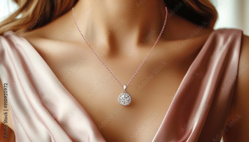 A woman in a pink dress elegantly wears a beautiful necklace with a diamond pendant A woman in a pink dress elegantly wears a beautiful necklace with a diamond pendant