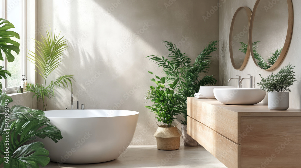 Stylish bathroom with clean lines and simple colors. Wooden vanity with white sink, bathtub and shower. Beige and white walls, concrete floor. Plants add a touch of nature.