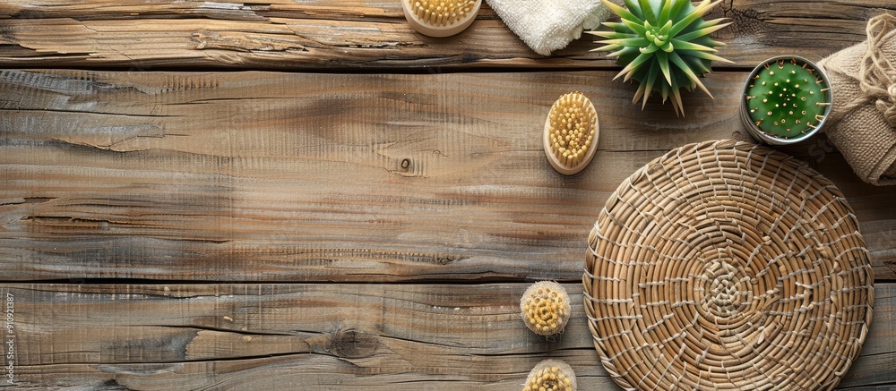 Horizontal top view image with copy space featuring a cactus fiber dry massage brush for body skincare in a spa setting on a wooden background ideal for beauty treatments and cellulite reduction Horizontal top view image with copy space featuring a cactus fiber dry massage brush for body skincare in a spa setting on a wooden background ideal for beauty treatments and cellulite reduction