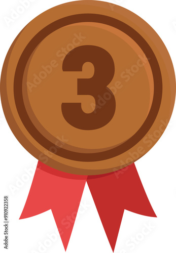 Bronze medal for the 3rd place. Winner medal with red ribbon on transparent background