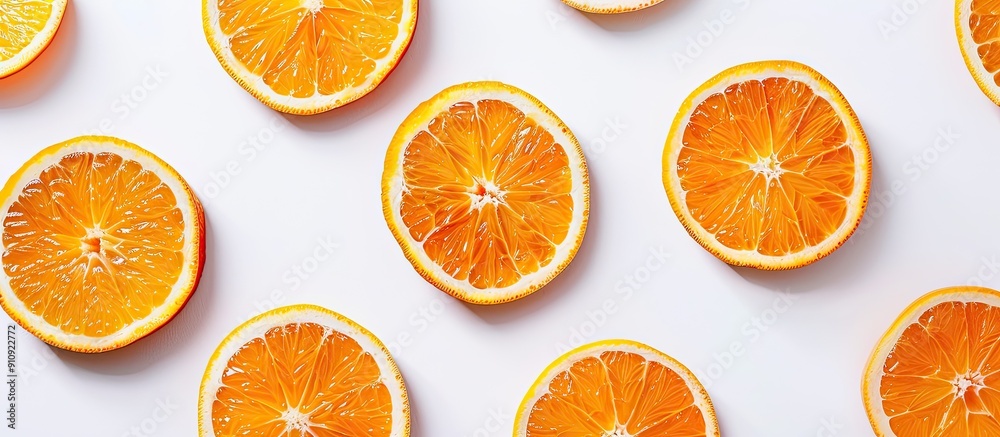 Slices of orange arranged on a white background to symbolize the concept of boosting immunity with a copy space image Slices of orange arranged on a white background to symbolize the concept of boosting immunity with a copy space image