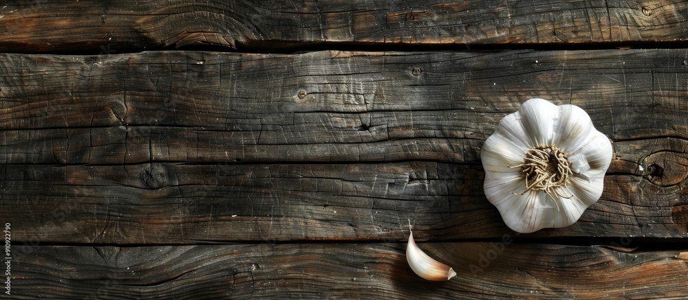 Rustic wooden surface with a garlic bulb displayed on it providing a natural and charming copy space image Rustic wooden surface with a garlic bulb displayed on it providing a natural and charming copy space image