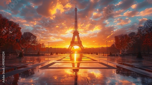 The Eiffel Tower at sunset from Trocadéro Gardens, with a dramatic sky, vibrant orange and red colors, silhouetted trees, and reflections on wet pathways. DSLR, wide-angle lens, high contrast,