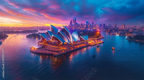 The exterior of the Sydney Opera House at sunset, with a solo traveler taking photos, the iconic sails glowing in the golden light, and the harbor filled with boats. DSLR, wide-angle lens, photo