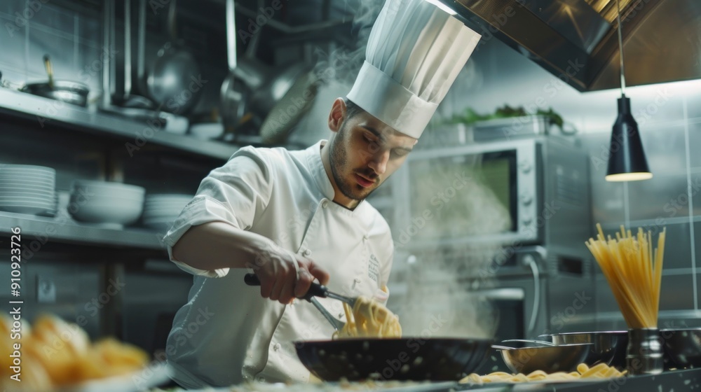 Chef in a White Hat Cooking Pasta in a Restaurant Kitchen Chef in a White Hat Cooking Pasta in a Restaurant Kitchen