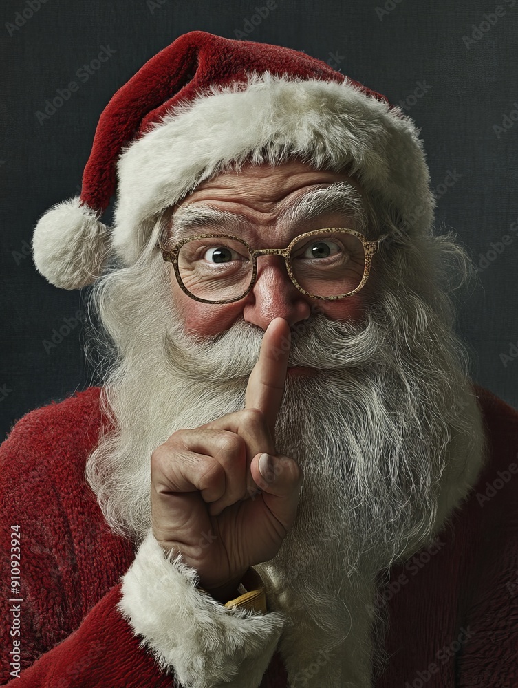 A portrait of Santa Claus with a playful twinkle in his eye, placing a finger to his lips in a gesture of secrecy and surprise. A portrait of Santa Claus with a playful twinkle in his eye, placing a finger to his lips in a gesture of secrecy and surprise.