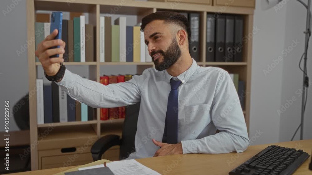 Handsome man with beard taking selfie using smartphone in office with bookshelf in background and papers on desk Handsome man with beard taking selfie using smartphone in office with bookshelf in background and papers on desk