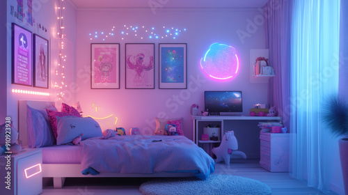 Teen girl's room with neon lights and posters on the wall. There's plenty of space for your own designs.
