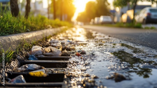 The Burden of Plastic: A close-up shot of a clogged storm drain overflowing with plastic waste, symbolizing the environmental impact of pollution.  photo