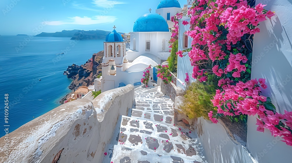 Fototapeta premium The iconic blue domes of Oia, Santorini, with a solo traveler exploring the narrow streets, white-washed buildings, vibrant bougainvillea, and the deep blue Aegean Sea. DSLR, wide-angle lens,
