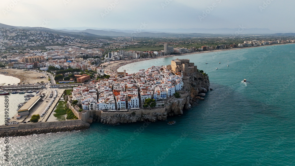 Peñiscola castle and beach drone aerial view Peñiscola castle and beach drone aerial view