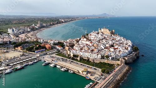 Peñiscola castle and beach drone aerial view