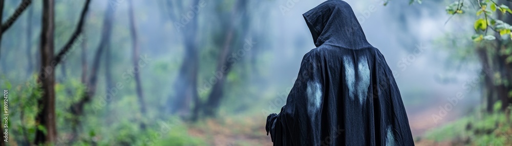 Mysterious Figure in Cloak Walking through Misty Forest Mysterious Figure in Cloak Walking through Misty Forest
