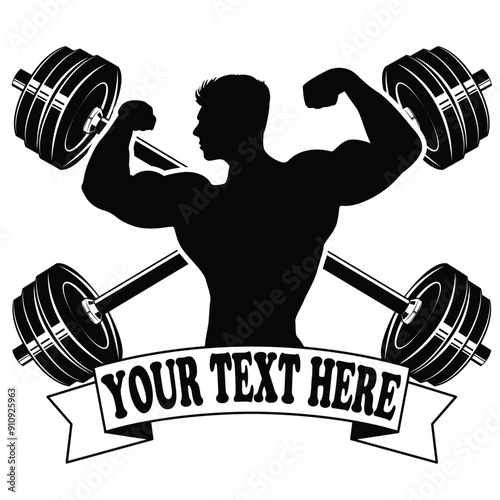 Gym sport emblem, logo with crossed dumbbell and banner. Monogram Vector illustration. body builder silhouettes