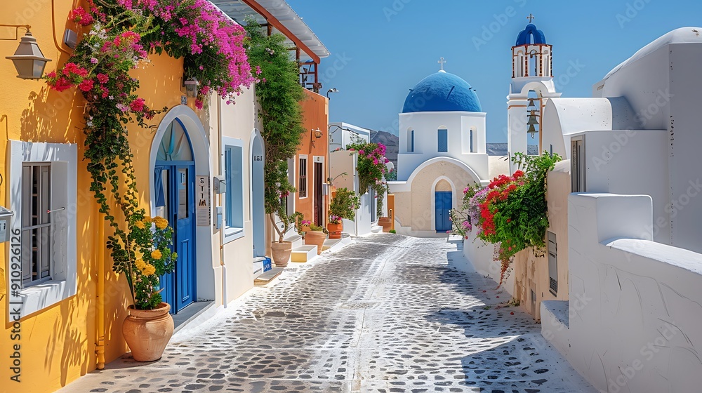 Fototapeta premium The picturesque streets of Oia, Santorini, with a solo traveler capturing the beauty of the blue-domed churches, white-washed buildings, colorful flowers, and the Aegean Sea under a clear blue sky.