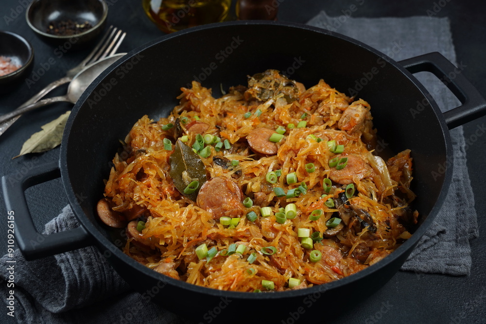 Bigos - traditional Polish dish of chopped meat stewed with sauerkraut and shredded fresh cabbage Bigos - traditional Polish dish of chopped meat stewed with sauerkraut and shredded fresh cabbage