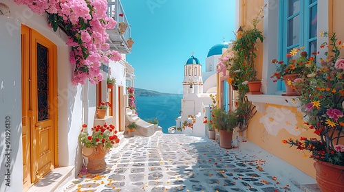 Fototapeta Naklejka Na Ścianę i Meble -  The picturesque streets of Oia, Santorini, with a solo traveler capturing the beauty of the blue-domed churches, white-washed buildings, colorful flowers, and the Aegean Sea under a clear blue sky.
