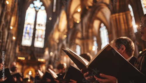 Choir singing in a grand cathedral with arched ceilings and stained glass windows. Concepts of spirituality, community, and musical performance in a sacred space.