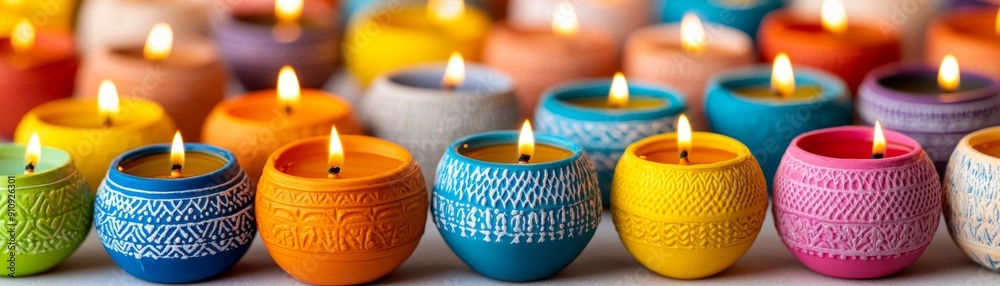 Brightly Colored Candles Lit in a Festive Arrangement Brightly Colored Candles Lit in a Festive Arrangement