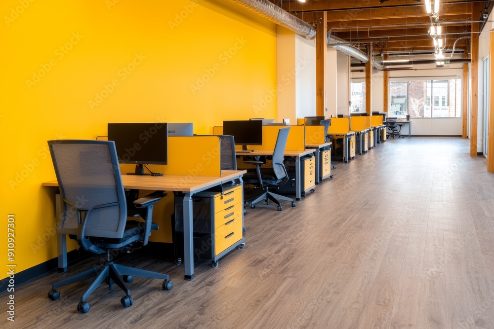 Modern office space with yellow walls, ergonomic chairs, and sleek desks, ideal for productivity and collaboration. Modern office space with yellow walls, ergonomic chairs, and sleek desks, ideal for productivity and collaboration.