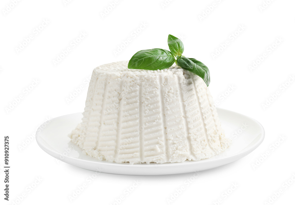 Fresh ricotta (cream cheese) with basil isolated on white Fresh ricotta (cream cheese) with basil isolated on white