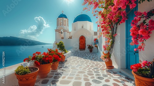 Fototapeta Naklejka Na Ścianę i Meble -  The vibrant streets of Oia, Santorini, with a solo traveler admiring the blue-domed churches, white-washed buildings, colorful flowers, and the sea under the golden hour light. DSLR, wide-angle lens,