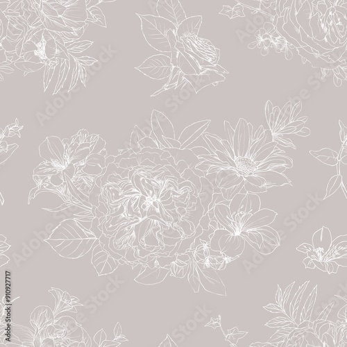 Hand drawn pencil graphic illustration seamless pattern of vintage flowers