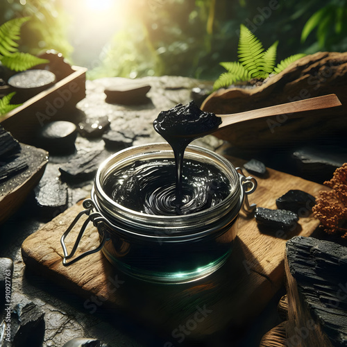 Ancient Remedy: Open Jar of Liquid Shilajit in Nature