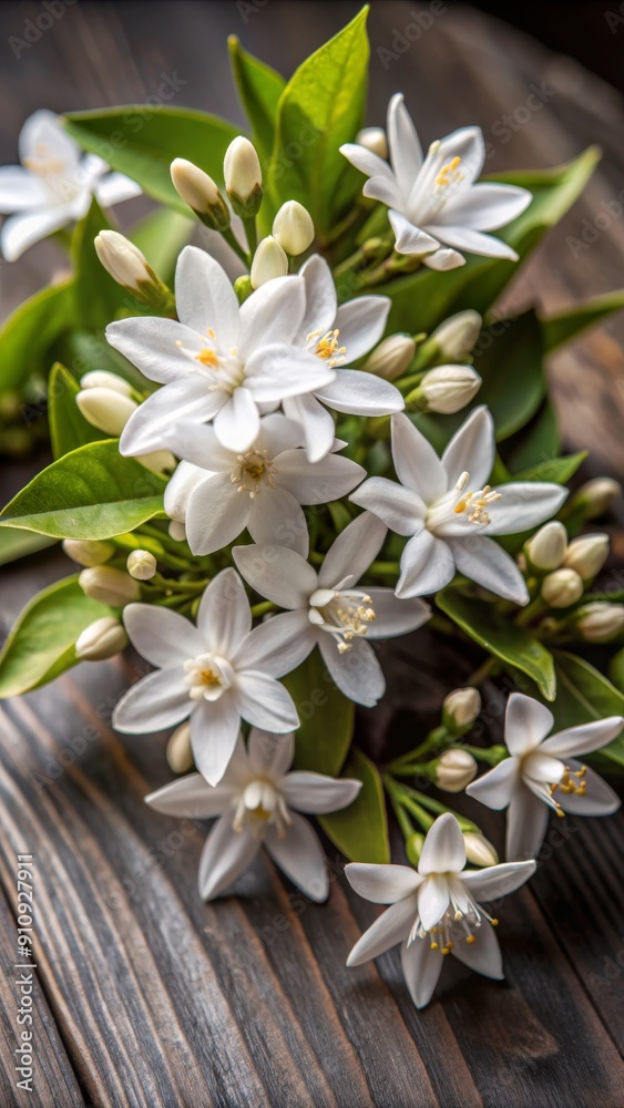 A bouquet of white flowers with green leaves A bouquet of white flowers with green leaves