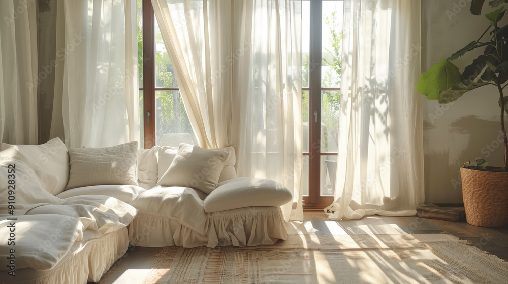 Fototapeta premium Sunlit cozy living room with white curtains and plush couch next to large windows. Concepts of tranquility, home decor, and relaxation.