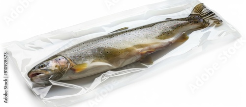 Trout in a vacuum sealed pack on a white background with copy space image photo