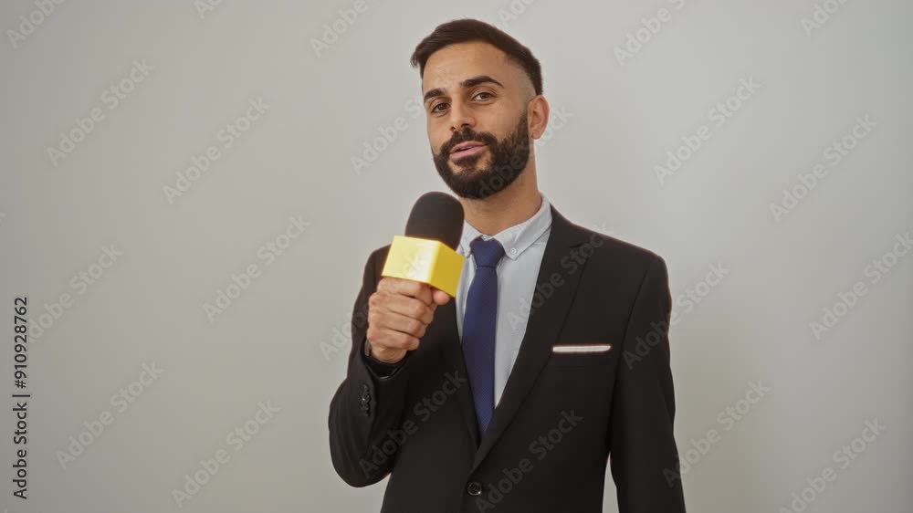 Young hispanic man with beard holding microphone and wearing a suit stands over isolated white background. Young hispanic man with beard holding microphone and wearing a suit stands over isolated white background.