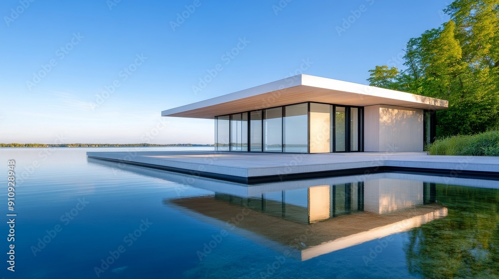 Fototapeta premium A modern, minimalist house with clean lines and large glass panels, situated on the serene shores of a crystal-clear lake