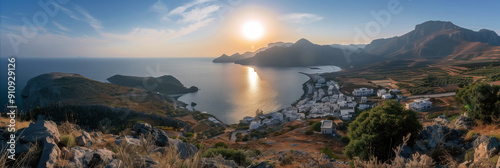 Sunset Over the Coastal Village of Mandraki with Mountainous Landscape in Nisyros, Greece photo