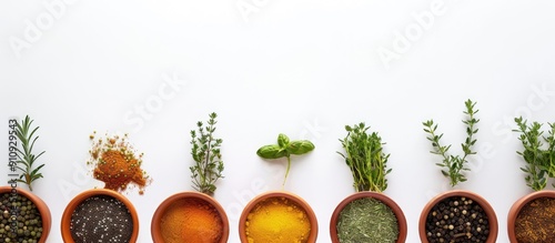 Indian spices and herbs arranged in pots on a white background Top view with copy space image for designing food related content photo