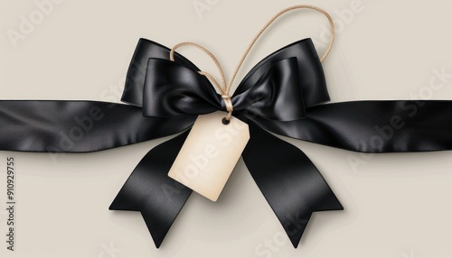 A stylish black bow that features a tag attached to it for identification or decoration purposes