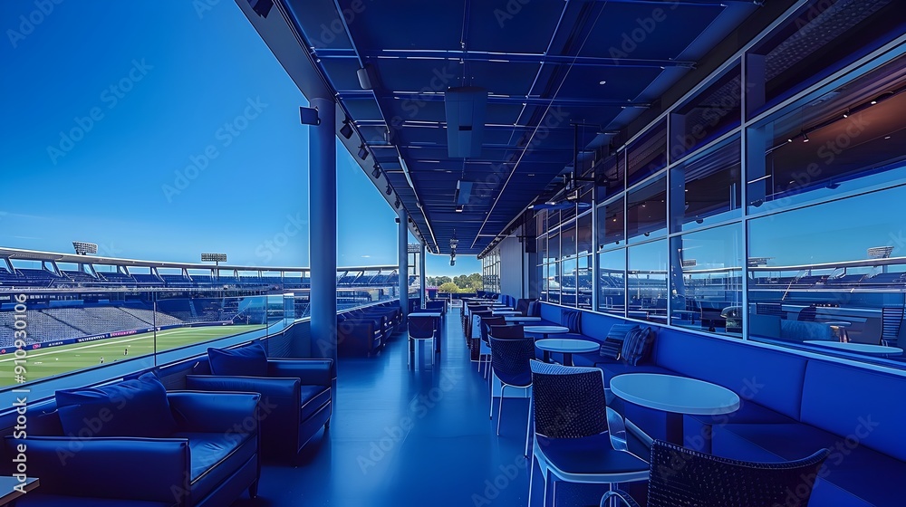 Fototapeta premium Panoramic View of Luxurious VIP Lounge at Modern Stadium with Stunning Blue Sky Backdrop
