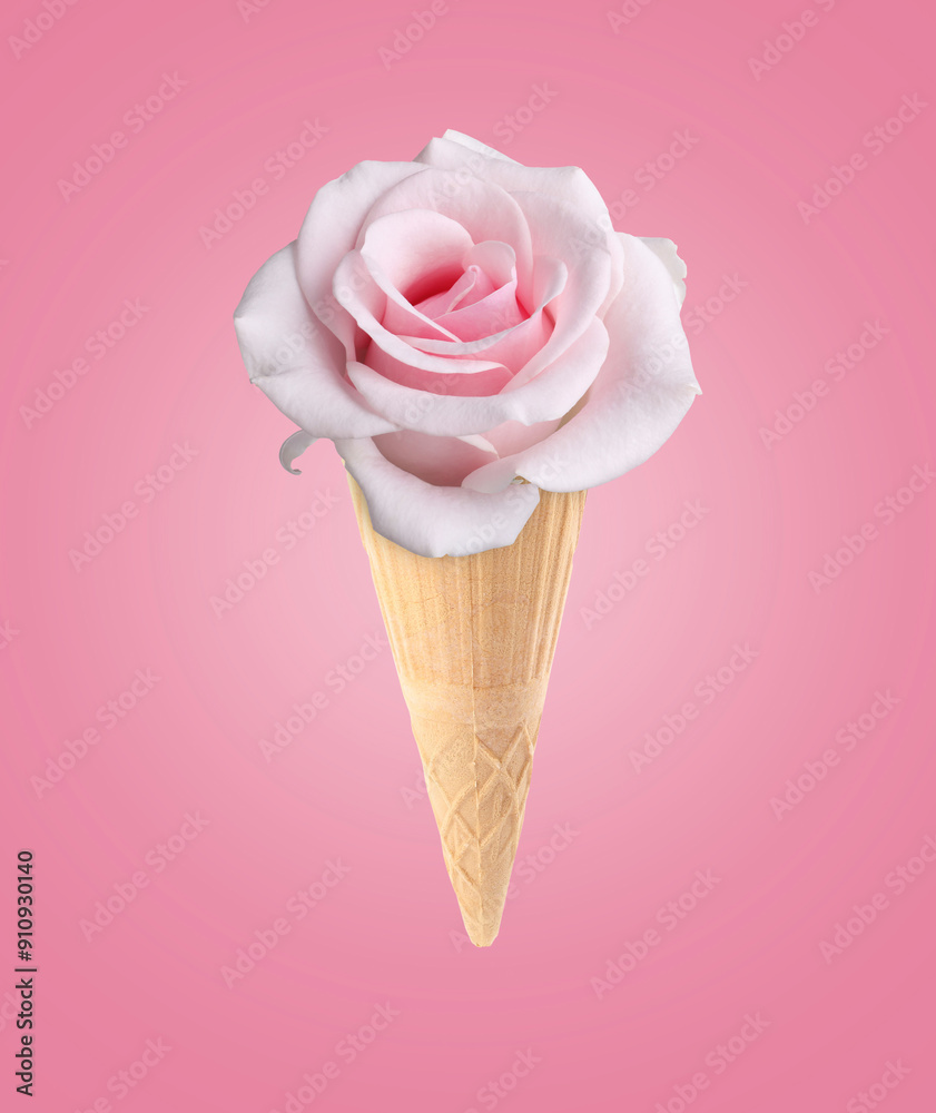 Ice cream cone with rose flower on pink background