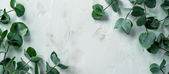 Top view of white surface with eucalyptus leaves ideal for copy space image