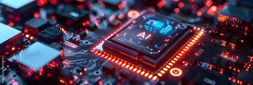 Obraz premium Artificial Intelligence concept background, AI Chip processing data, Artificial intelligence processor on board, Data Processing Chip, Ai Concept